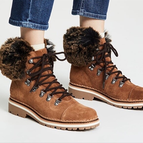 Sam Edelman Bowen Brown Suede Faux Fur Lace Up Boots in Luggage Brown Sz. 9.5 - Picture 1 of 16